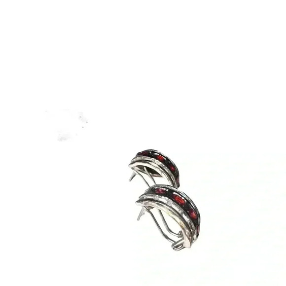 Silver-Tone Hoop Earrings with Red Gem Accents - Picture 7 of 9